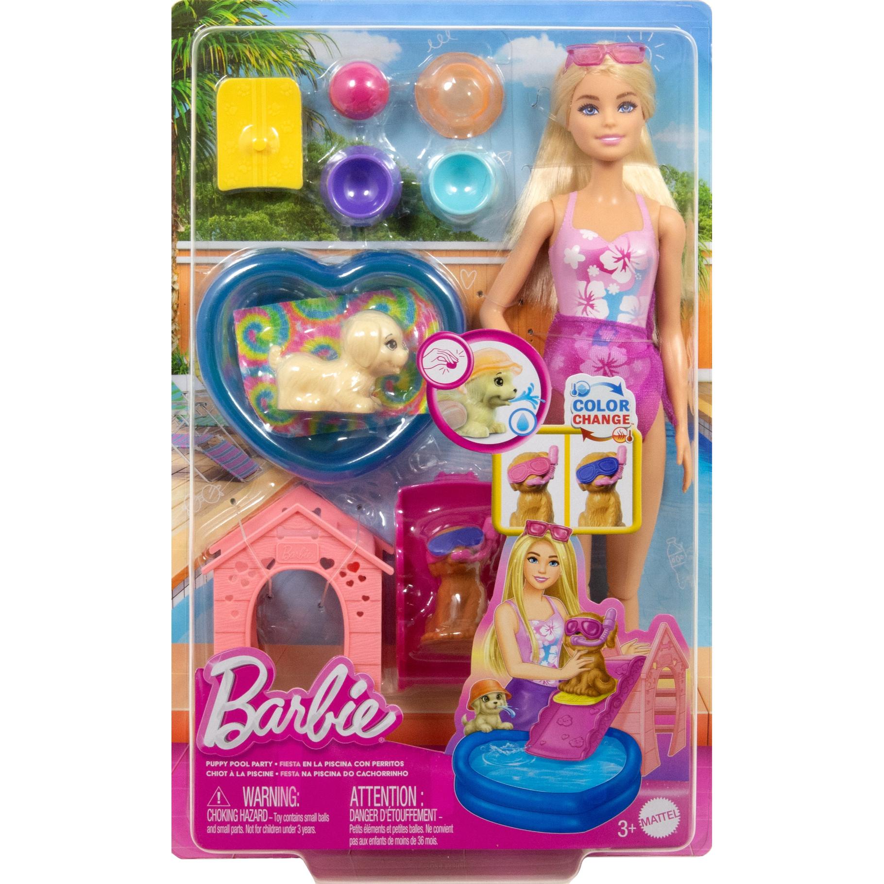 Barbie Zwemfeestje voor Puppy's – Speelset met Glijbaan & Hartvormig Zwembad